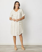 SS V Neck 2 Pocket Dress - Flax/White Stripe