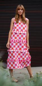 Cotton check dress ruffle trim dress-pink/orange/white