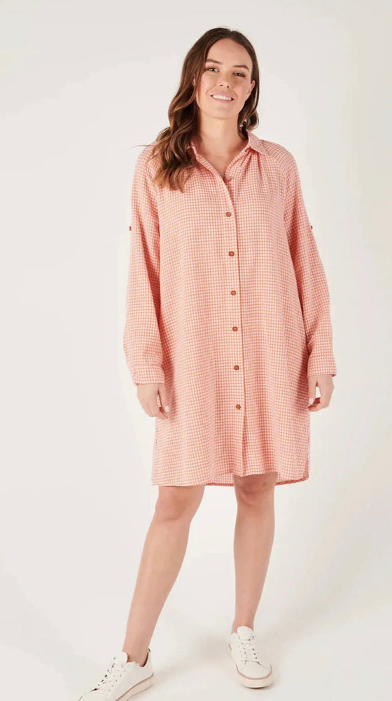 Button thru shirt dress- pink/brown check