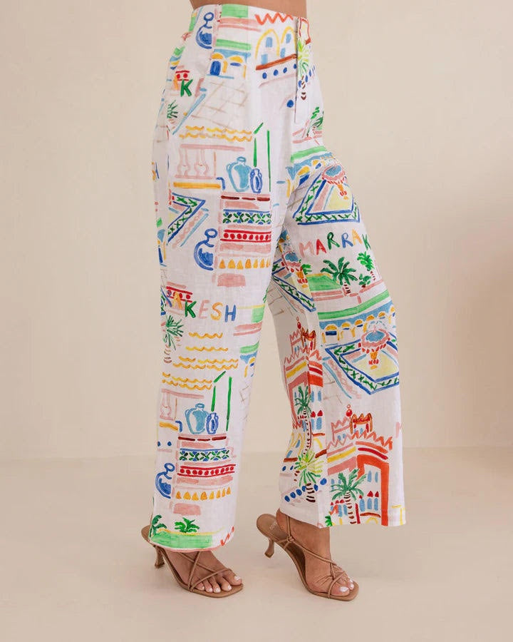 100% Linen High Waisted Wide Leg Pant - Marrakesh