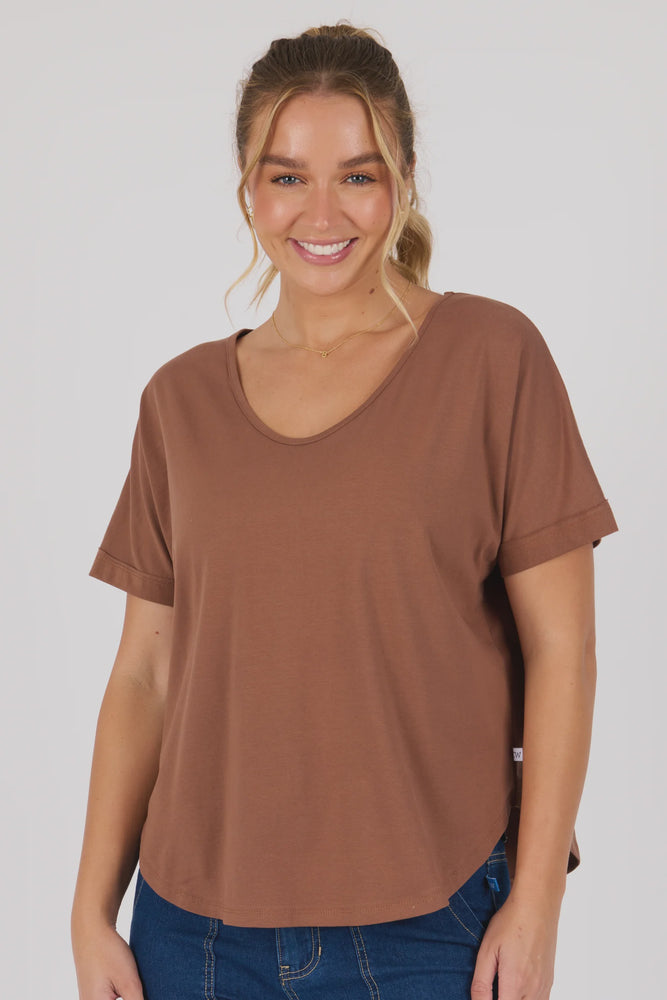 V Neck Curve Hem Tee -Acorn