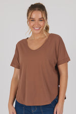 V Neck Curve Hem Tee -Acorn