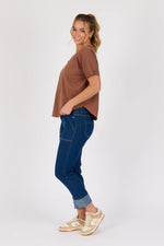 V Neck Curve Hem Tee -Acorn