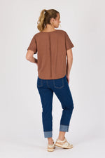 V Neck Curve Hem Tee -Acorn