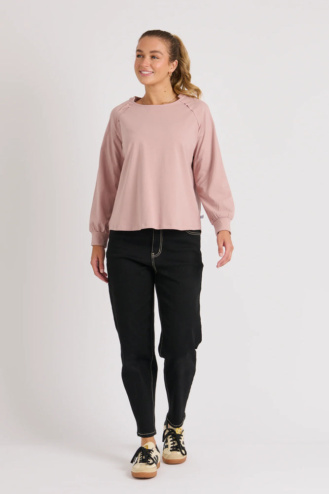 Collar Detail Long Sleeve Tee-Rose