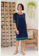 100% Linen 2 Pkt Spliced Dress - Navy/Green