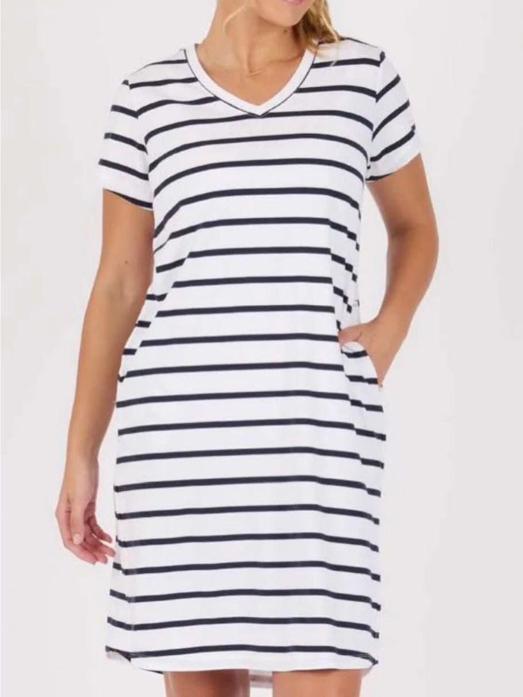 V Neck Betty Dress - White/Navy