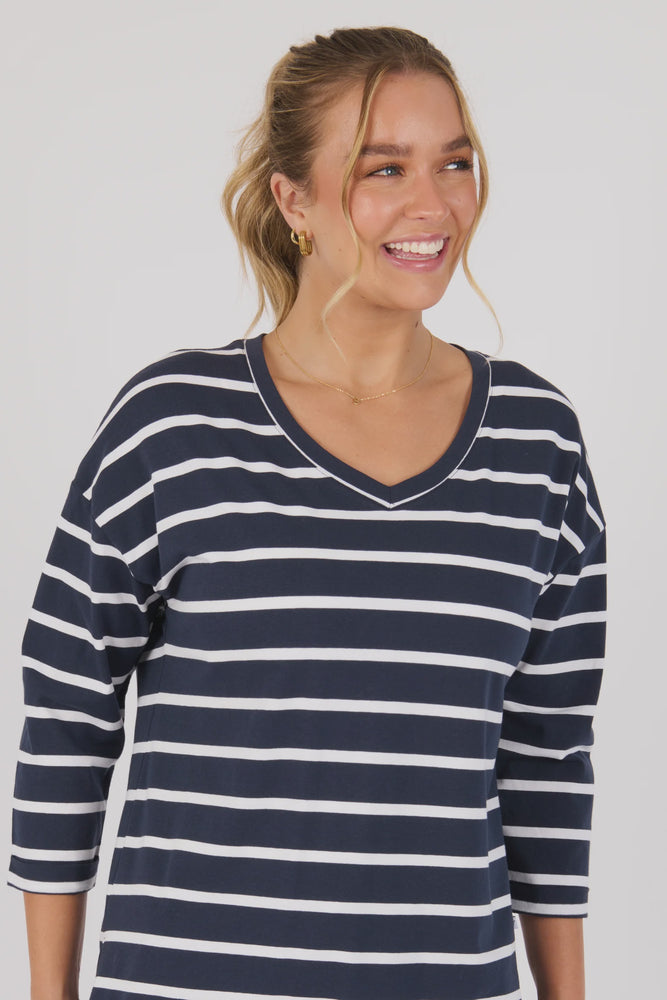 V Neck 3/4 Sleeve Top- Navy/White stripe