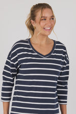 V Neck 3/4 Sleeve Top- Navy/White stripe