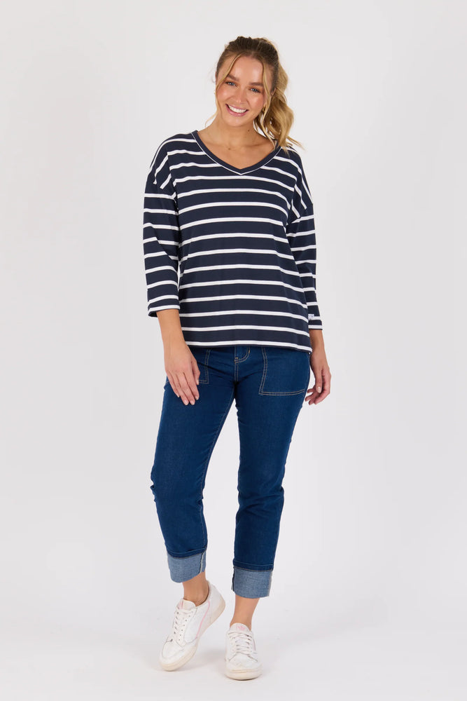V Neck 3/4 Sleeve Top- Navy/White stripe