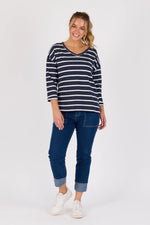 V Neck 3/4 Sleeve Top- Navy/White stripe