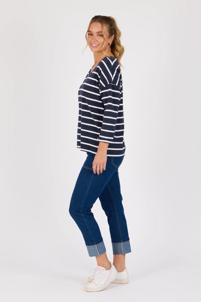 V Neck 3/4 Sleeve Top- Navy/White stripe