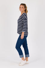 V Neck 3/4 Sleeve Top- Navy/White stripe