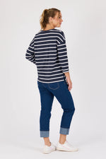 V Neck 3/4 Sleeve Top- Navy/White stripe