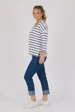 V Neck 3/4 Sleeve Top-White/Navy
