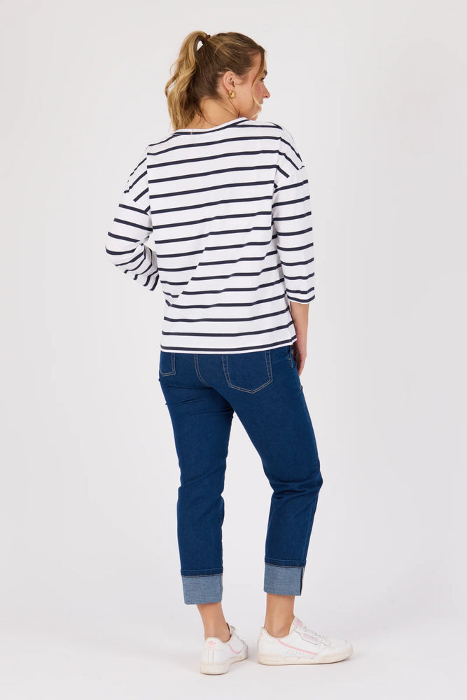 V Neck 3/4 Sleeve Top-White/Navy