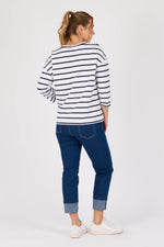 V Neck 3/4 Sleeve Top-White/Navy