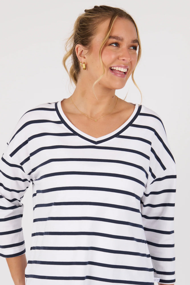 V Neck 3/4 Sleeve Top-White/Navy