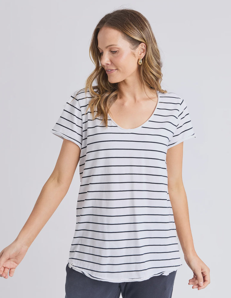 Pima Vee Tee Stripe- White with navy