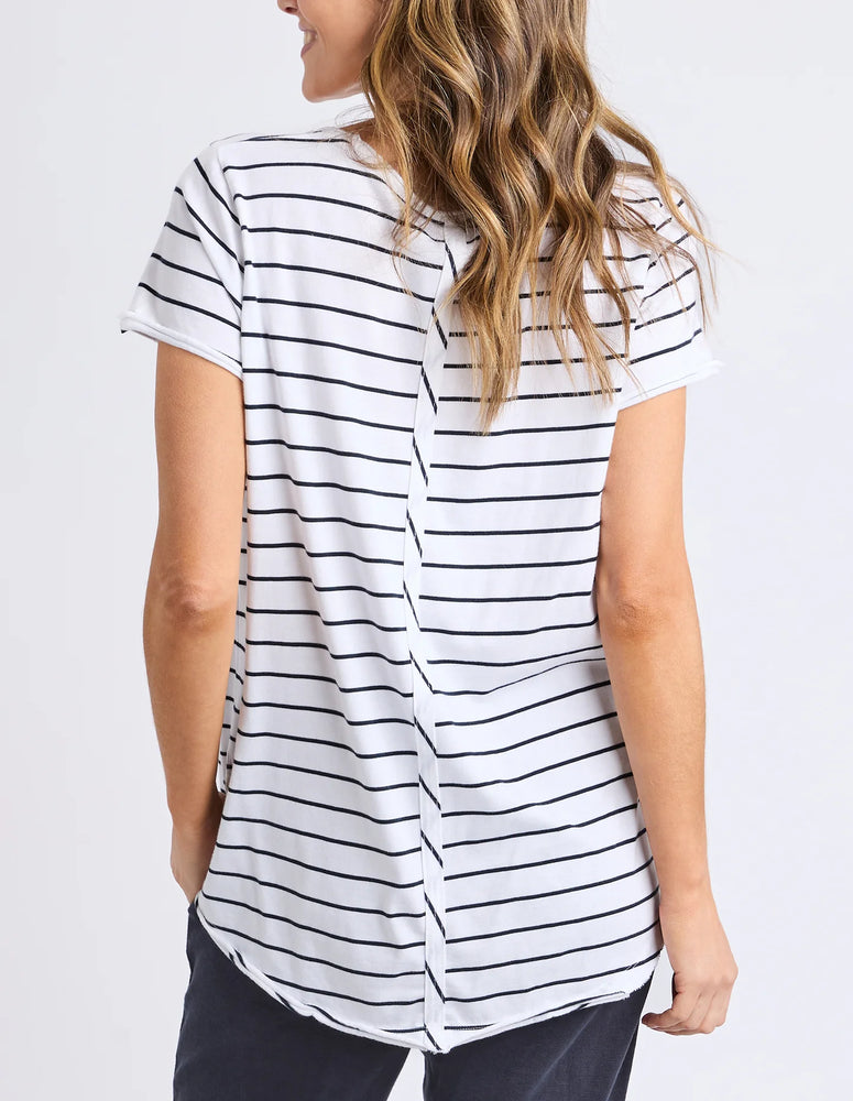 Pima Vee Tee Stripe- White with navy