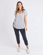Pima Vee Tee Stripe- White with navy