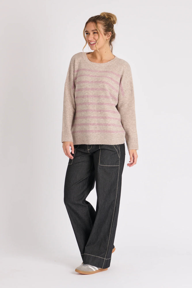 Drop Shoulder Jumper- Beige /Pink Stripe