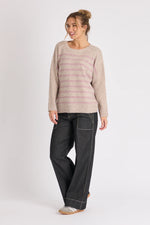 Drop Shoulder Jumper- Beige /Pink Stripe