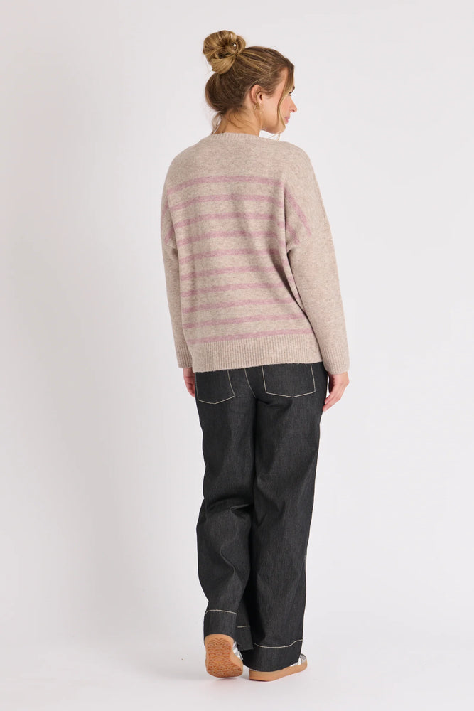 Drop Shoulder Jumper- Beige /Pink Stripe
