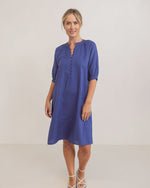 Linen Cuff Sleeve Button Detail Dress - Denim