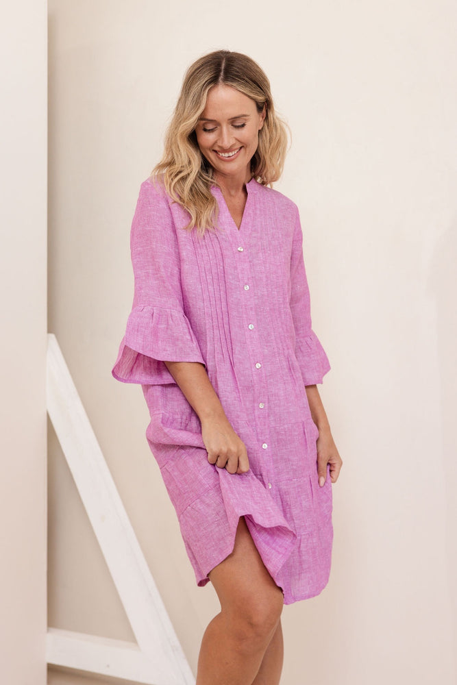 Linen/ Viscose 3/4 Sleeve Pleated Tiered Dress - Raspberry