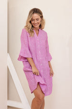 Linen/ Viscose 3/4 Sleeve Pleated Tiered Dress - Raspberry