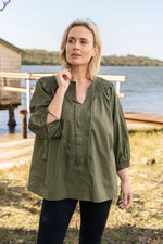Cotton Sateen Peasant Top - Olive