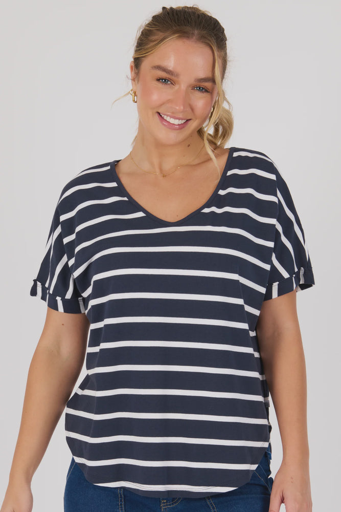 V Neck Curve Hem Tee - Navy/White Stripe