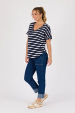 V Neck Curve Hem Tee - Navy/White Stripe