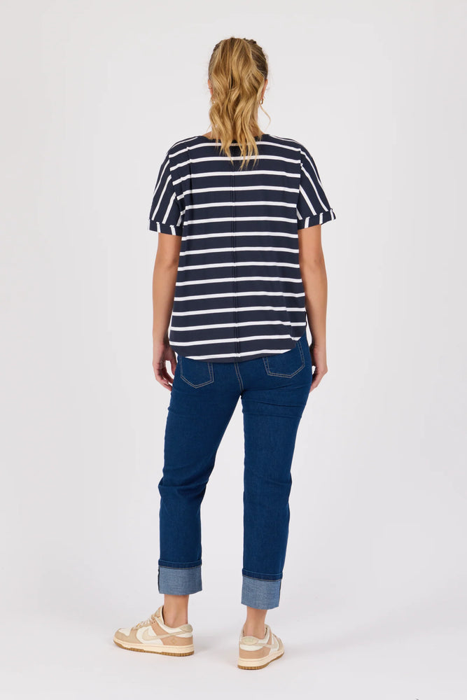 V Neck Curve Hem Tee - Navy/White Stripe