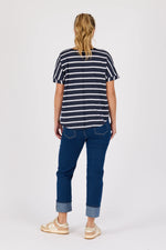 V Neck Curve Hem Tee - Navy/White Stripe