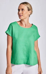 100% Linen  Cap Sleeve Btn Back Top -Emerald