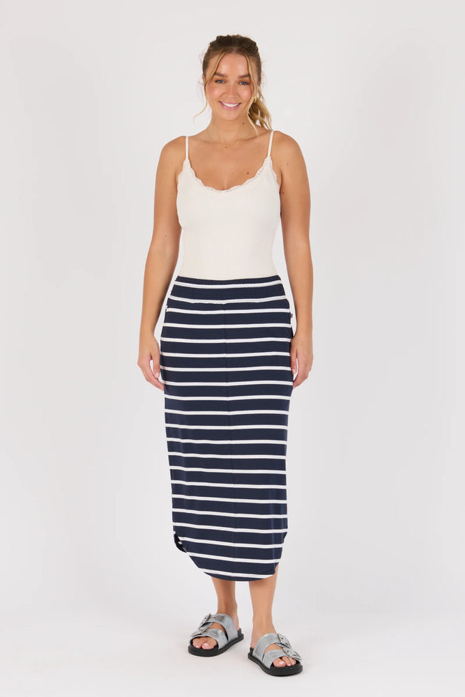 Scoop Hem Midi Skirt - Navy/White Stripe