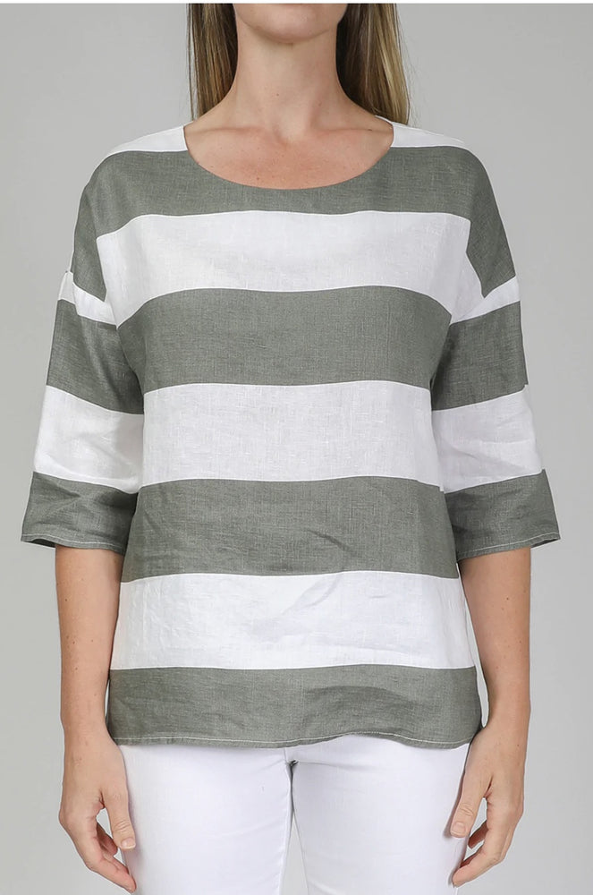 Wide stripe linen  top-khaki/white
