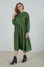 Long Sleeve Gather Dress - Deep Green