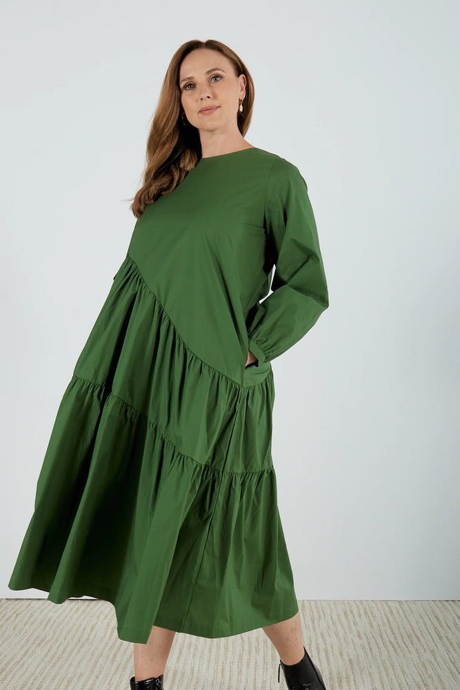 Long Sleeve Gather Dress - Deep Green