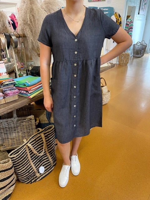 Pocket Front Linen Dress -Charcoal