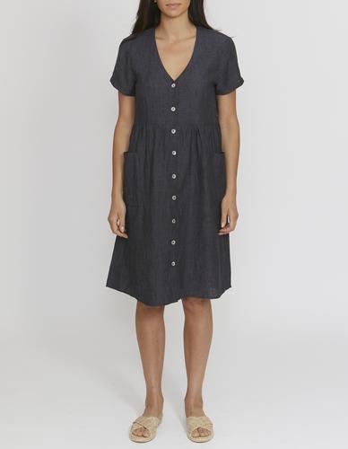 Pocket Front Linen Dress -Charcoal