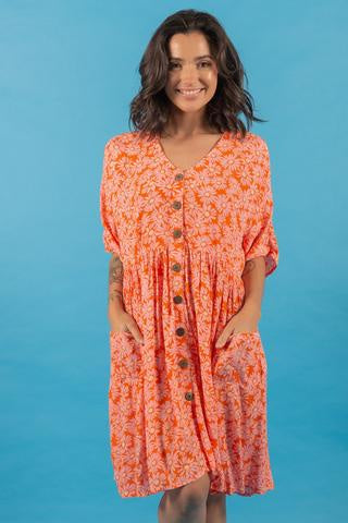 Button Through Dress - Pink/Orange Floral Print