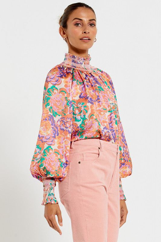 Shirred Neck Top - Peony Floral