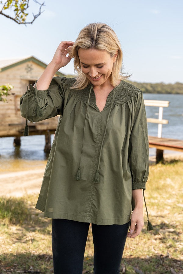 Cotton Sateen Peasant Top - Olive