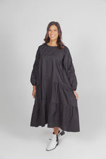 Long Sleeve Gather Dress - Black