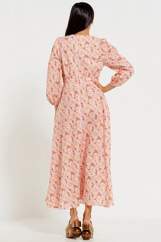 V Neck Button Front Maxi Dress in Pink Ditsy Floral