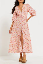 V Neck Button Front Maxi Dress in Pink Ditsy Floral